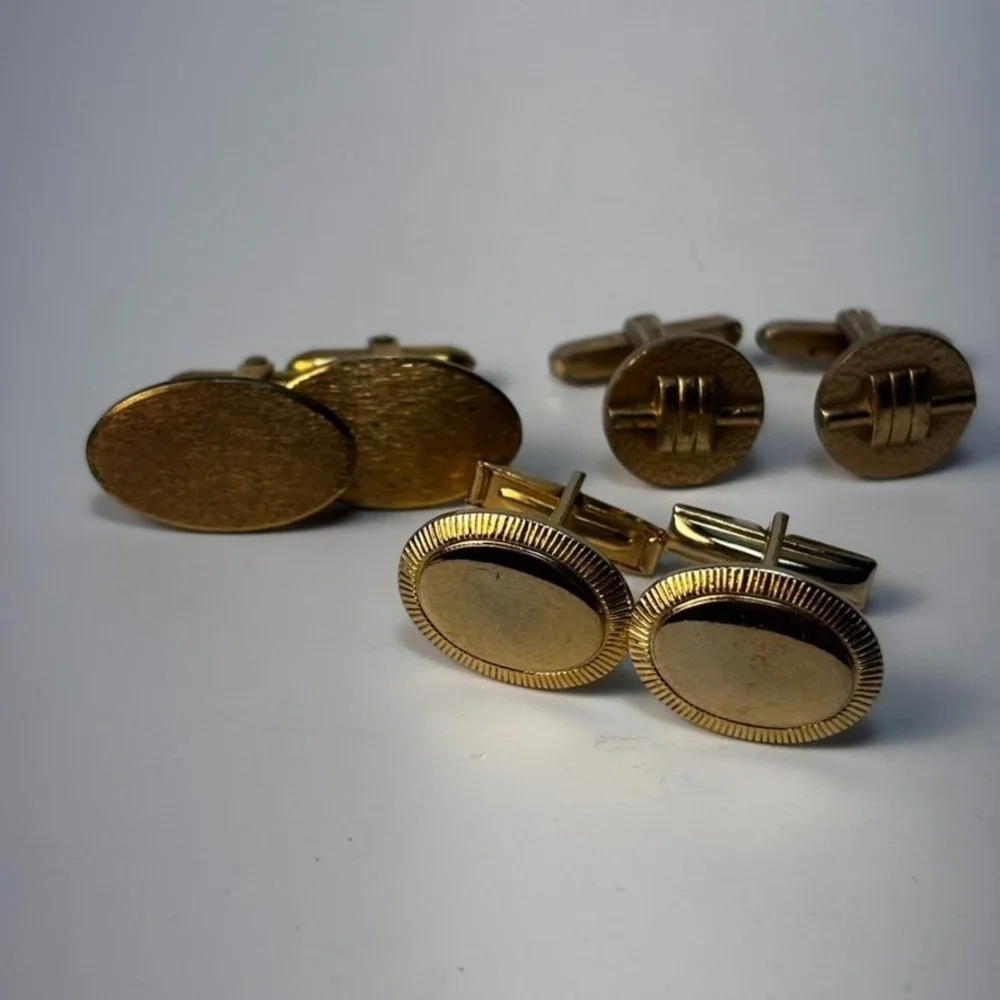 Vintage Cuff Links Lot Gold Tone Oval Round Mid Century Hickok